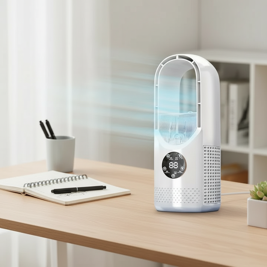 Bladeless Mini AC Fan – Quiet Cooling with Night Light