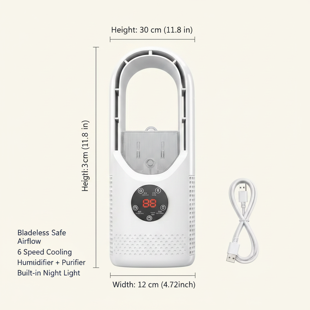 Bladeless Mini AC Fan – Quiet Cooling with Night Light
