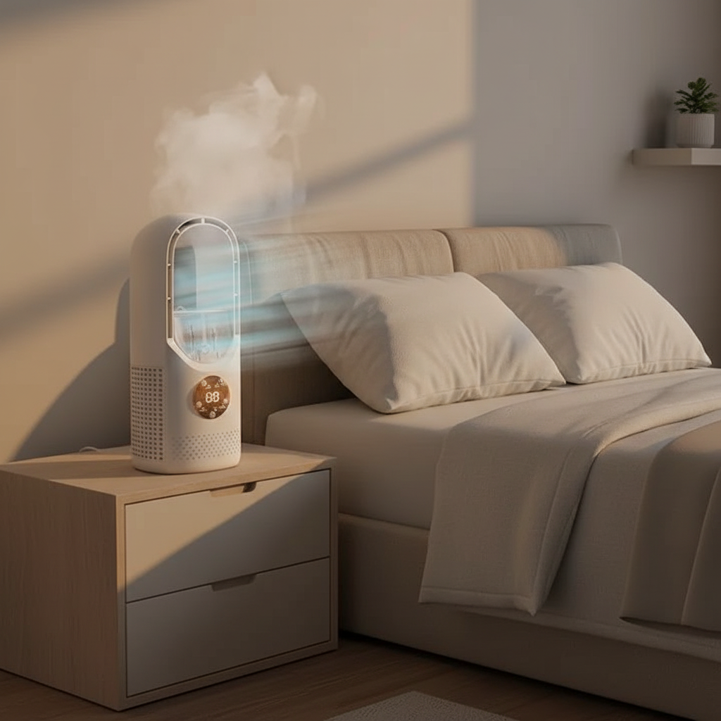 Bladeless Mini AC Fan – Quiet Cooling with Night Light