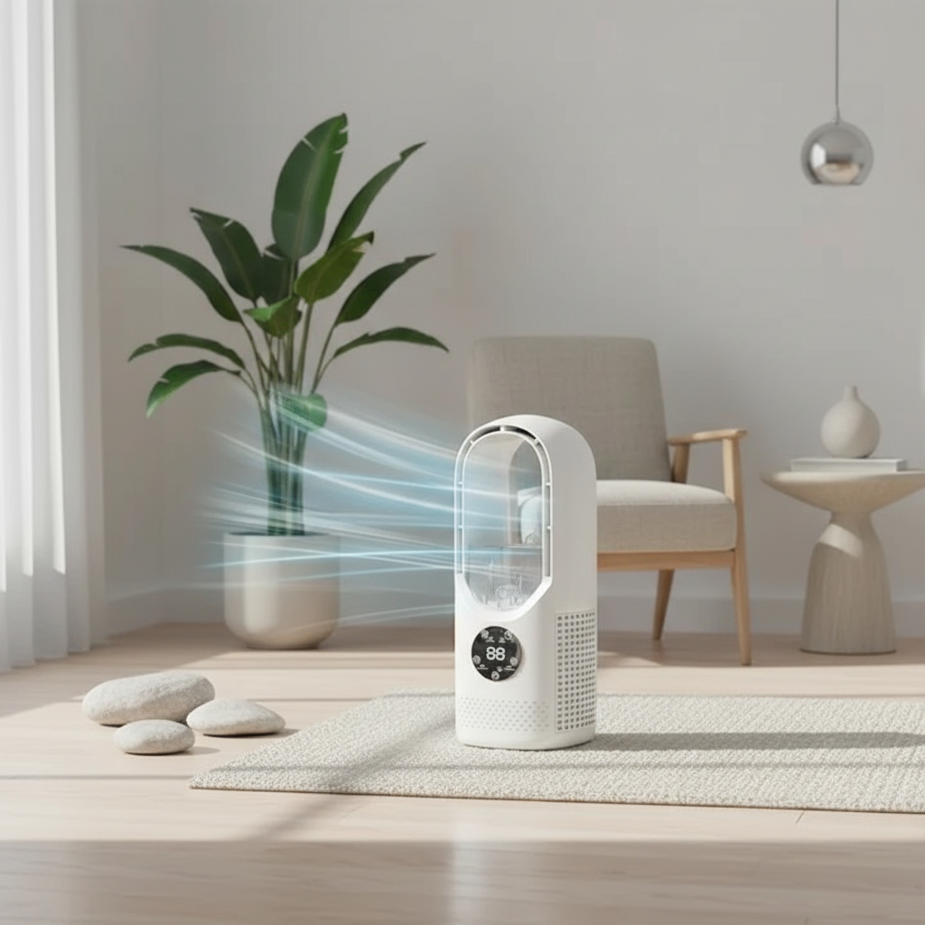 Bladeless Mini AC Fan – Quiet Cooling with Night Light